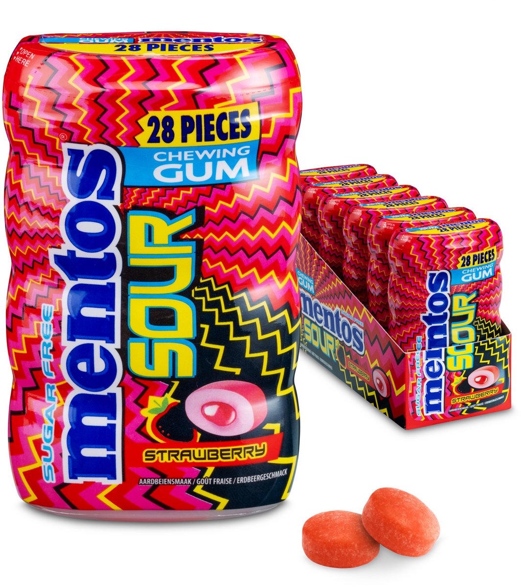 Mentos chicle fresa agria - chicle - sin azúcar - 6x28 piezas