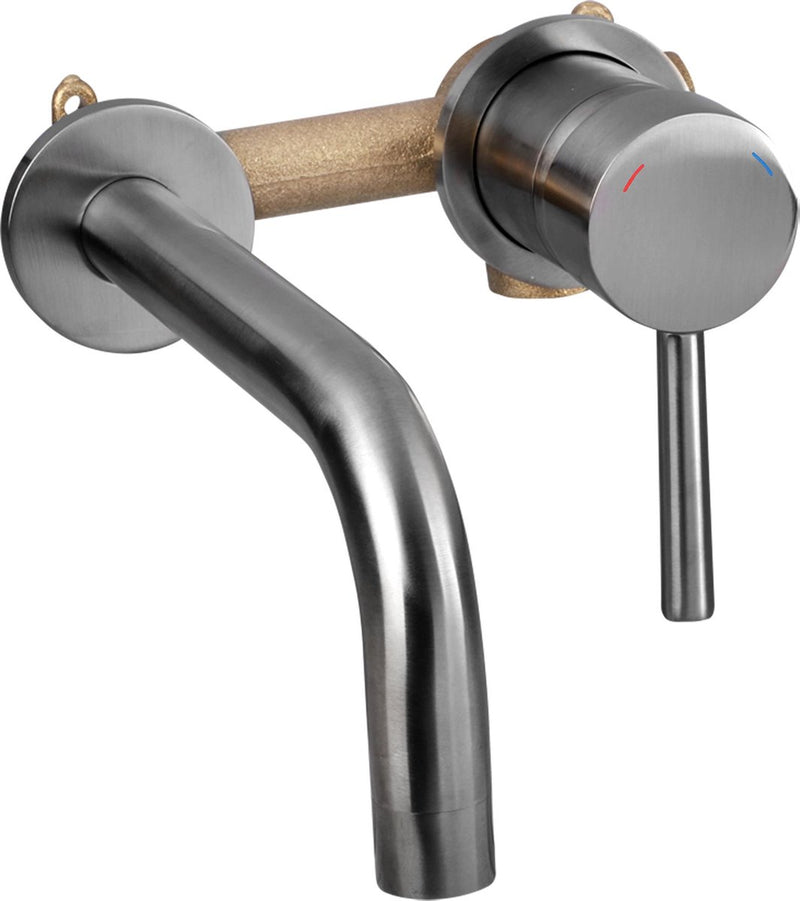Differnz muurkraan gun metal - inbouw wastafelkraan - mengkraan koud en warm - hendel rechts