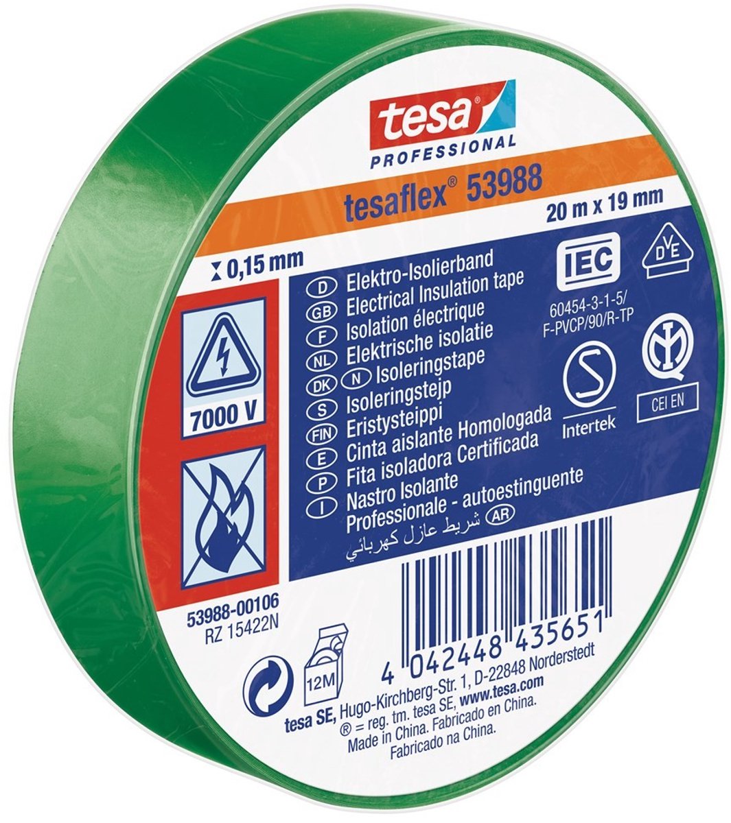Tesa professional 1064508 - tesa 53988 nastro isolante elettronico 20 m 19 mm verde | 10 pezzi