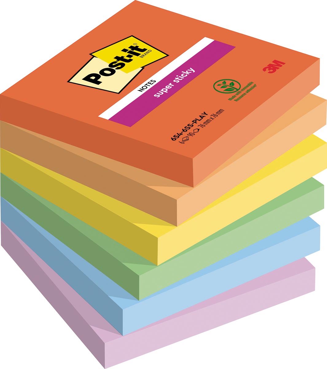 Post-it super sticky notes playful | 90 vel | ft 76 x 76 mm | geassorteerde kleuren | pak van 6 blokken