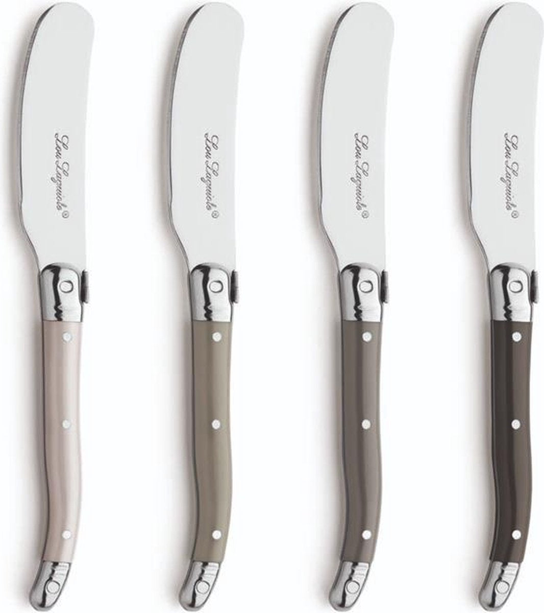 Lou laguiole – 4-piece butter knife set – in wooden box – mix of authentic colors (pepper, gray, mother of pearl, taupe) – 16 cm – dishwasher safe – butter knife