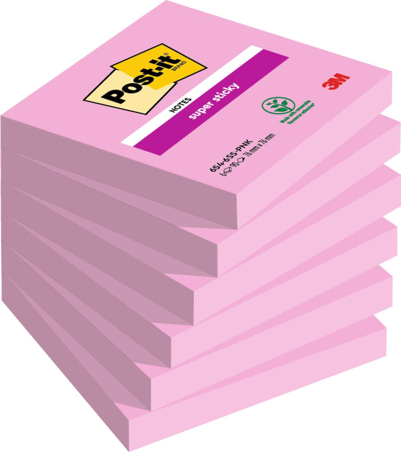 Post-it memo pad 654 super sticky 76x76mm pink 90 sheets
