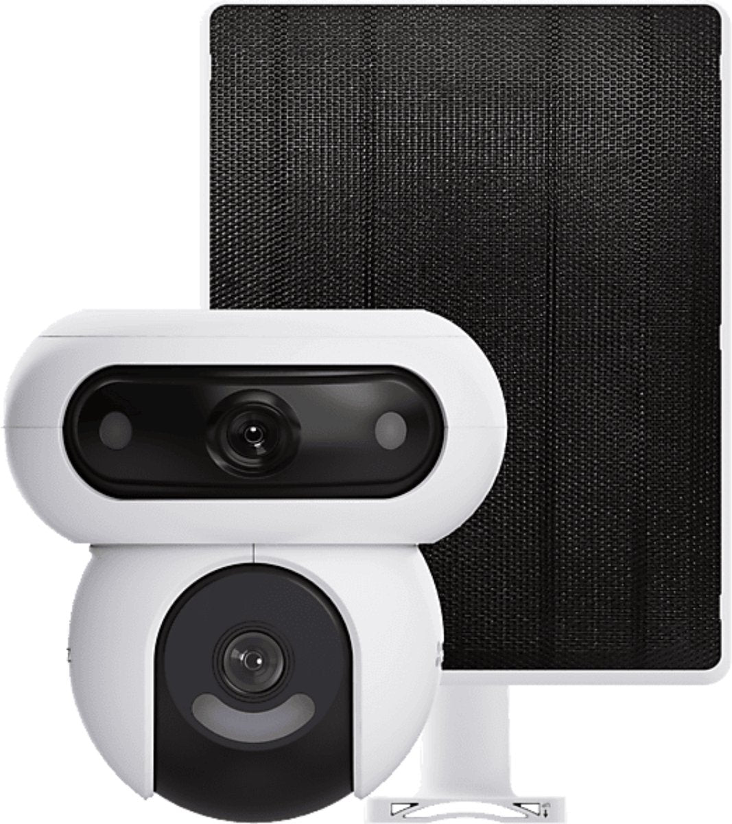 Ezviz HB90+8W Panel solar 4MP+4MP Lentes duales Cámara de seguridad exterior de 360° WiFi inalámbrica con batería de 10400 mAh, modo de vídeo siempre activo, detección de persona-vehículo, función de seguimiento automático, sin tarifas mensuales