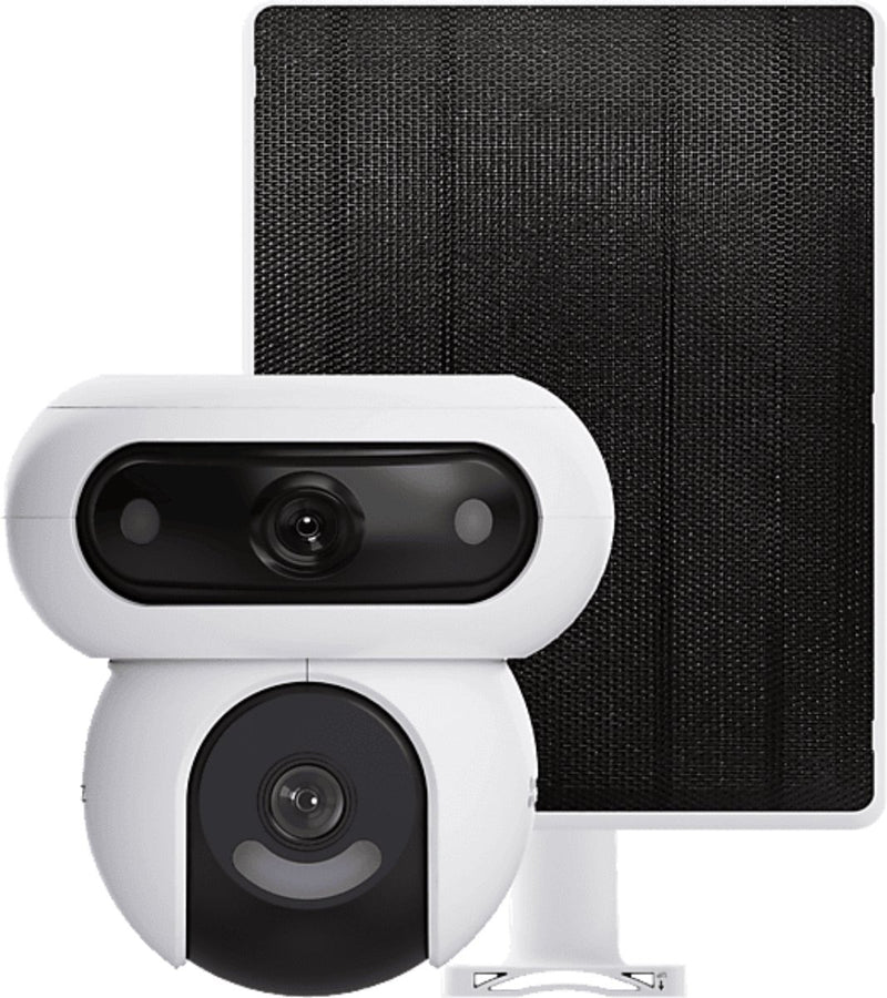 Ezviz HB90+8W Panel solar 4MP+4MP Lentes duales Cámara de seguridad exterior de 360° WiFi inalámbrica con batería de 10400 mAh, modo de vídeo siempre activo, detección de persona-vehículo, función de seguimiento automático, sin tarifas mensuales