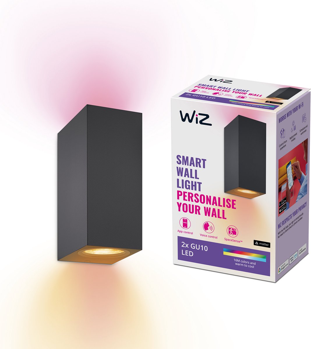 Lampada da parete Wiz up and down nera 2 faretti - illuminazione smart LED - luce colorata e bianca - gu10 - 2x 5w - wi-fi