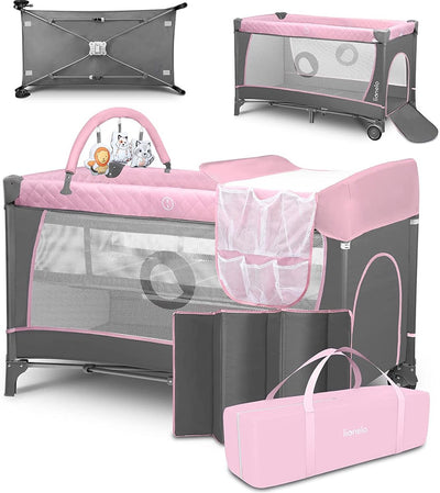 Lionelo flower camping bed - 2in1 - grow-along bed - co-sleeper - lockguard - carrying bag - travel cot box - practical side entrance with zipper - high-quality foam mattress - quick folding system - multifunctional box and travel cot