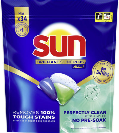 Sun - dishwasher tablets - brilliant shine plus - all-in 1 - 34 capsules - value pack