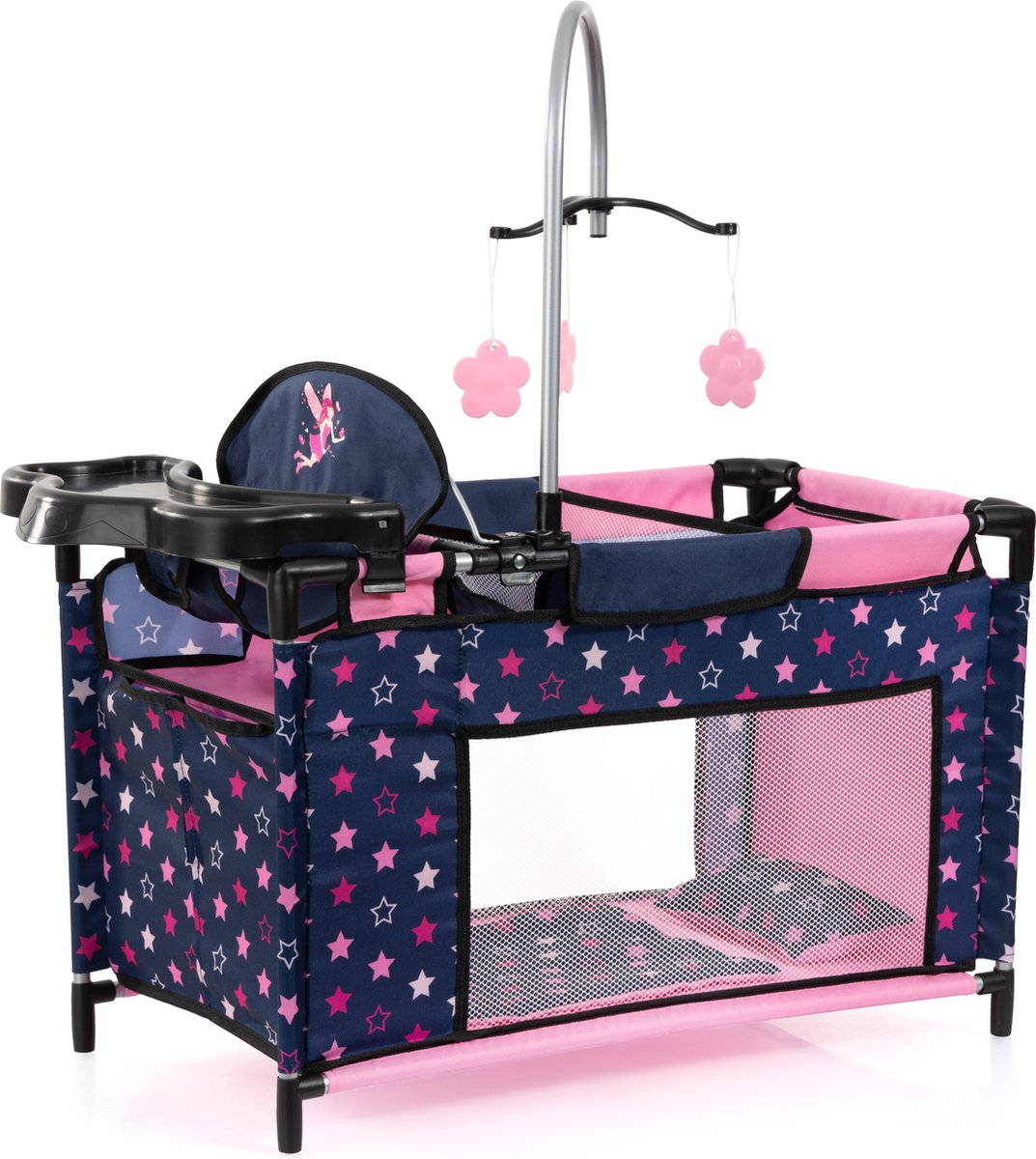Bayer design: cama para muñecas con trona integrada, armario, móvil, almohada, edredón y accesorios para muñecas en azul con estrellas