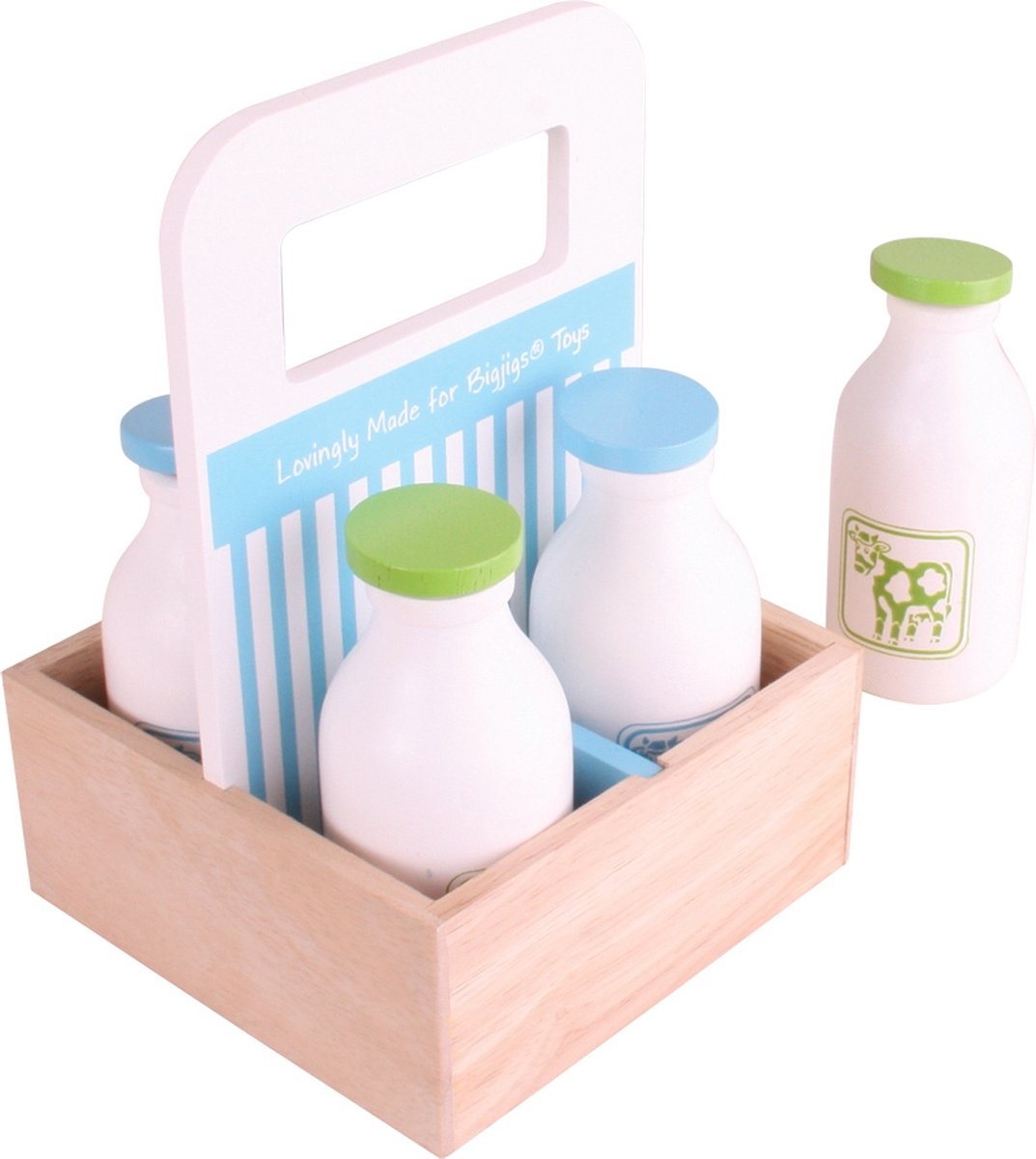 Bigjigs wooden box with milk bottles, 5dlg.