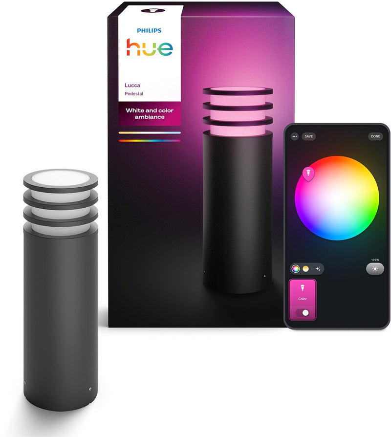 Lámpara de pie baja Philips Hue Lucca - iluminación de jardín - gris antracita - IP44 resistente a la intemperie y al viento - luz blanca y de colores - iluminación inteligente - 1100 lúmenes - compatible con la materia