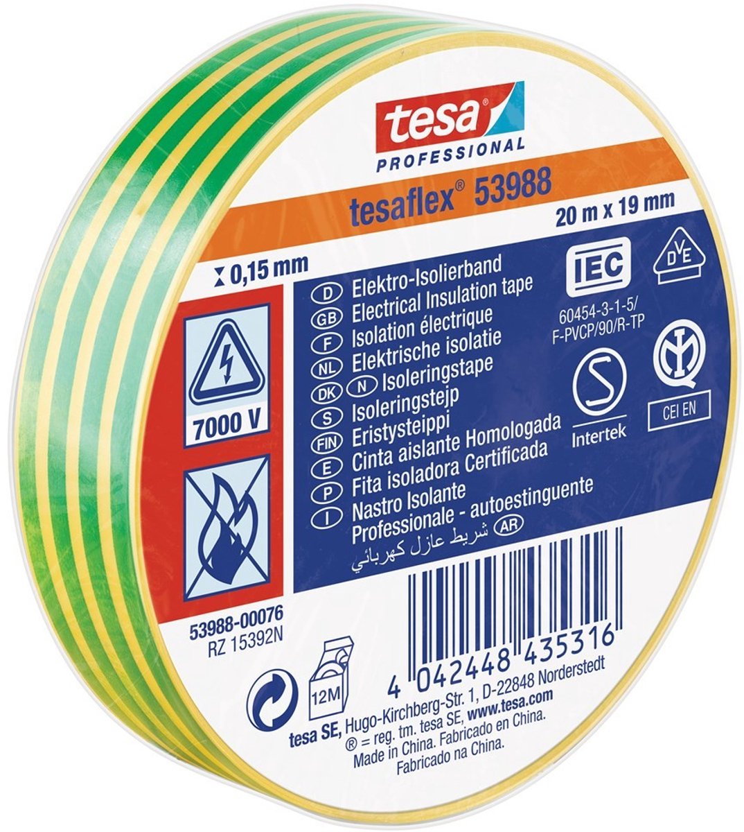Tesa professional 1064507 - tesa 53988 nastro isolante elettronico 20 m 19 mm giallo verde | 10 pezzi