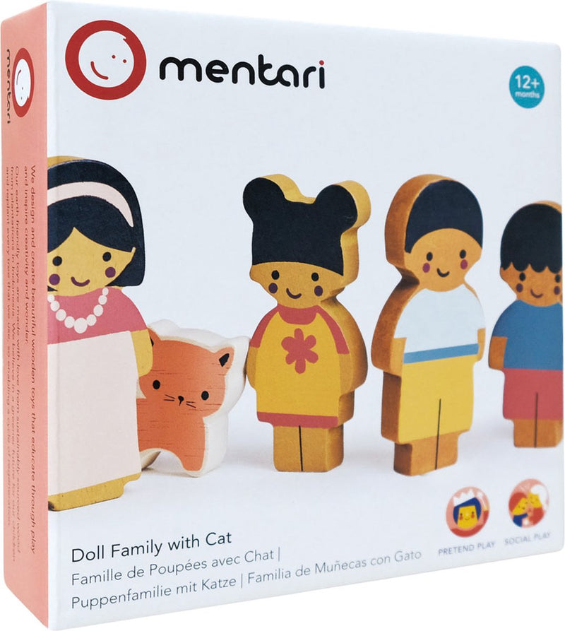 Mentari Chestnut Lane - Familia de muñecas con gato - 5 figuras - Madera - 1 año