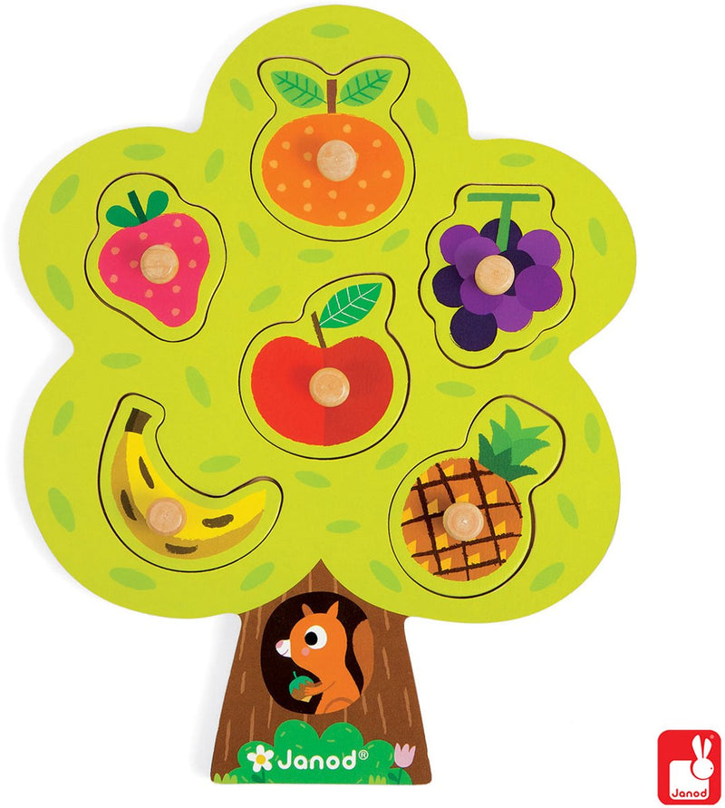 Puzle de botones Janod - árbol frutal - puzle de madera de 6 piezas - las clavijas de madera de cada pieza facilitan su agarre - apto a partir de 18 meses