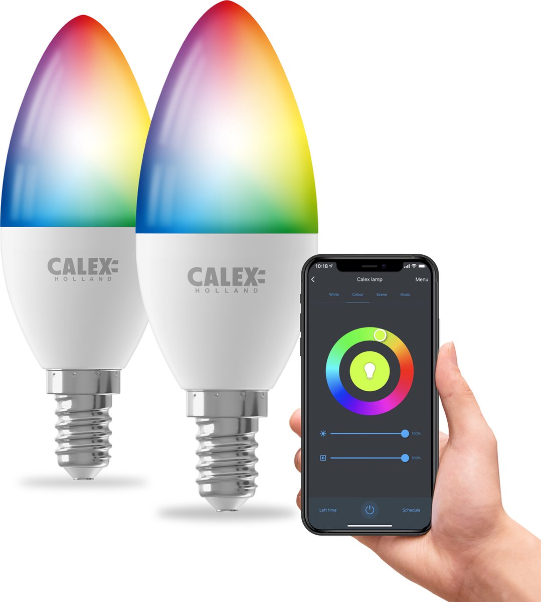 Calex slimme lamp - set van 2 stuks - wifi led verlichting - e14 - smart bulb - dimbaar - rgb en wit licht - 4.9w