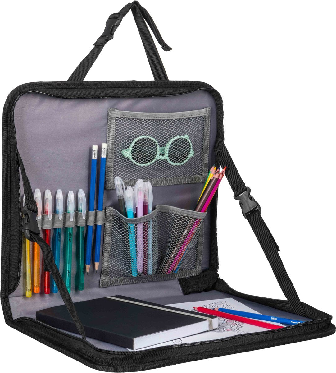 Dooky® dooky - bandeja de viaje para el asiento trasero del automóvil - gris - soporte para tableta - plegable - mesa integrada con ángulo ajustable y borde elevado