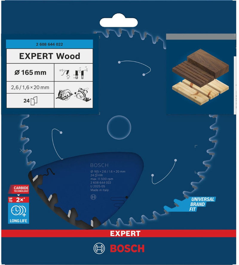 Lama per sega circolare Bosch - Expert Wood - 165 x 20 x 2,6 mm - T24 - 2608644022