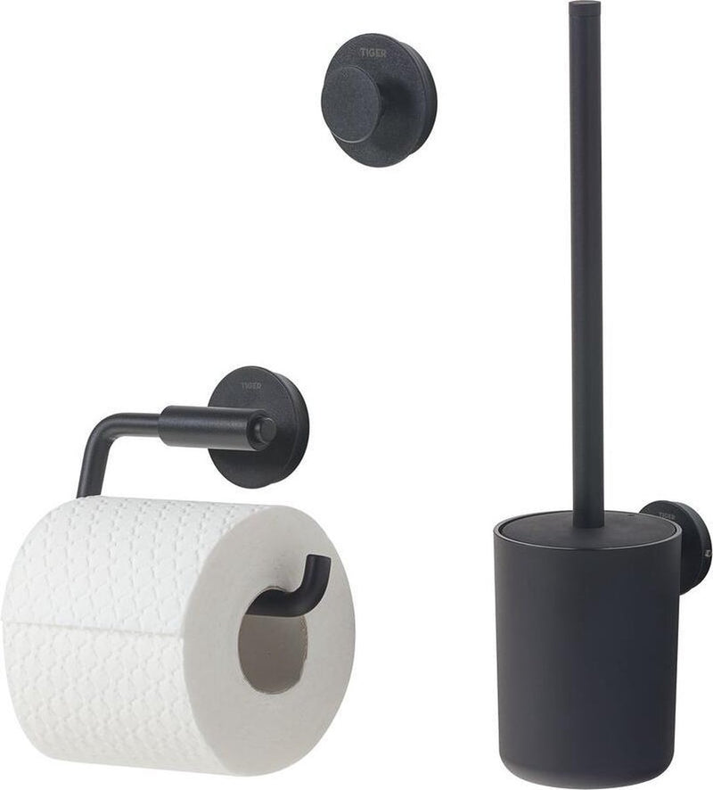 Set accessori toilette urbana Tiger - scopino con supporto - portarotolo senza patta - gancio per asciugamani - nero