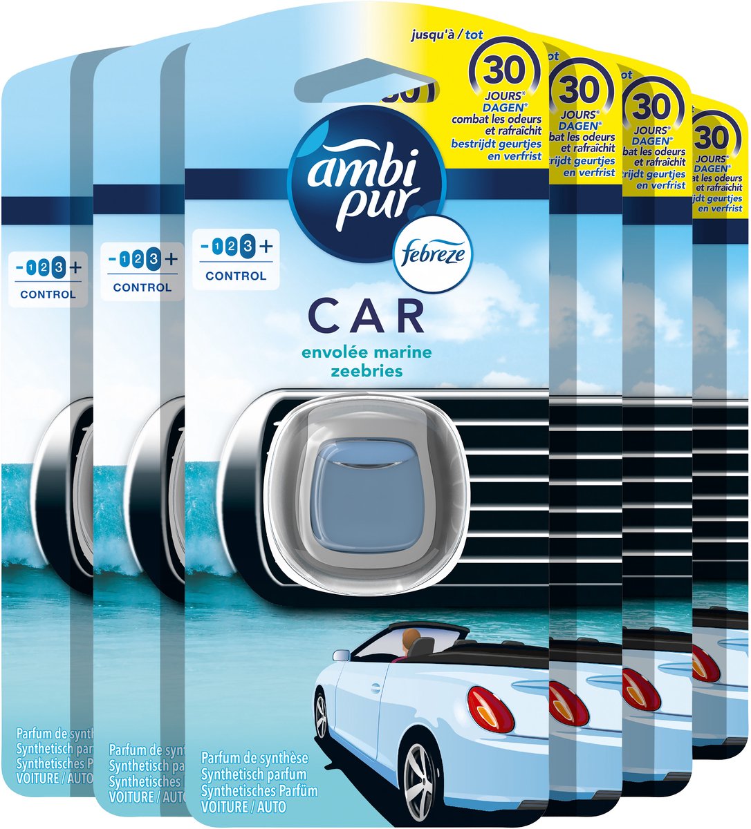 Febreze ambi pur brezza marina deodorante per auto - ricarica con clip per auto - 6 pezzi