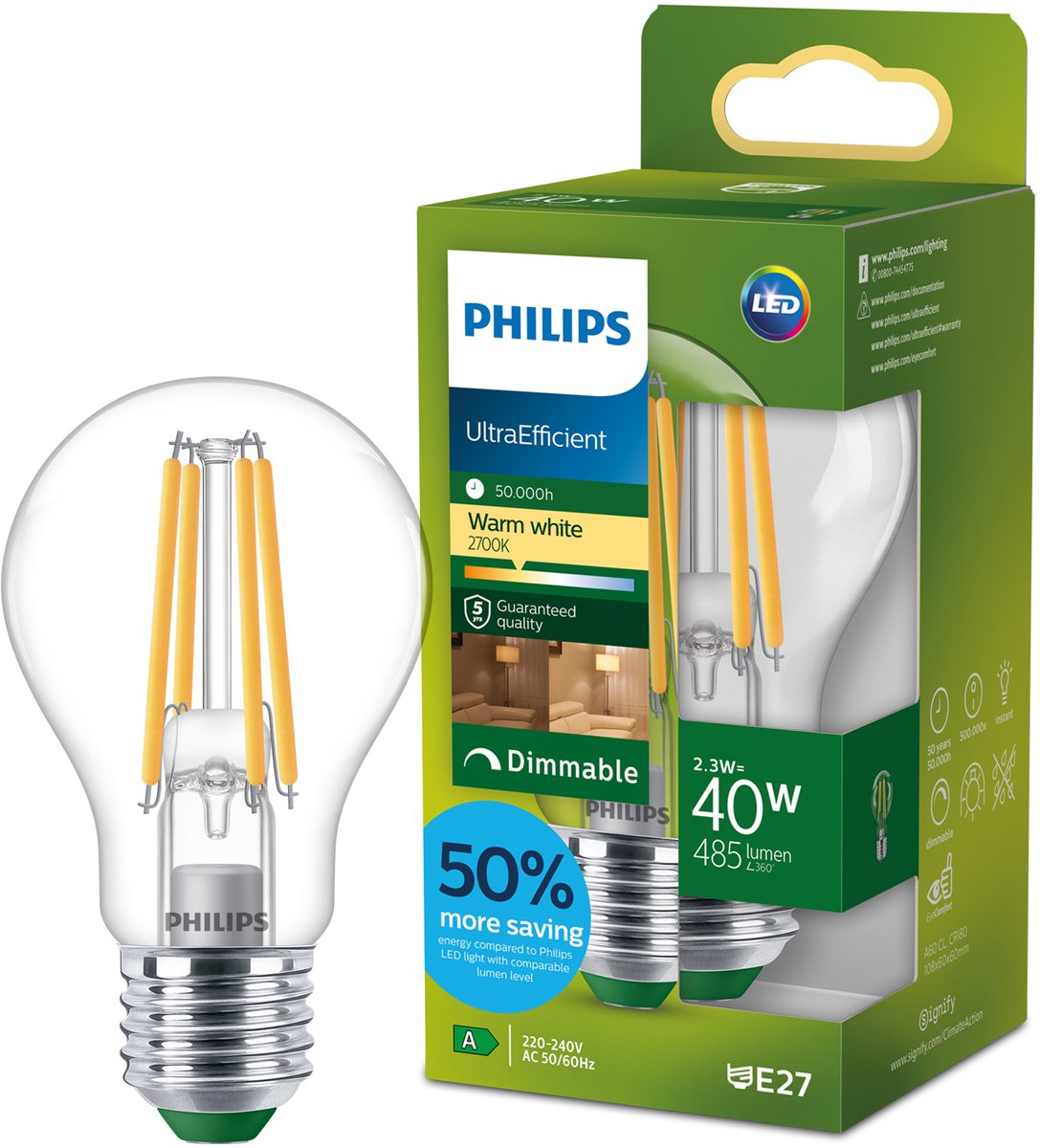 Philips led philips ultraefficient led lamp - 40w - e27 fitting - warmwit licht: 2700k - dimbaar - helder glas - a60 lampvorm - lange levensduur