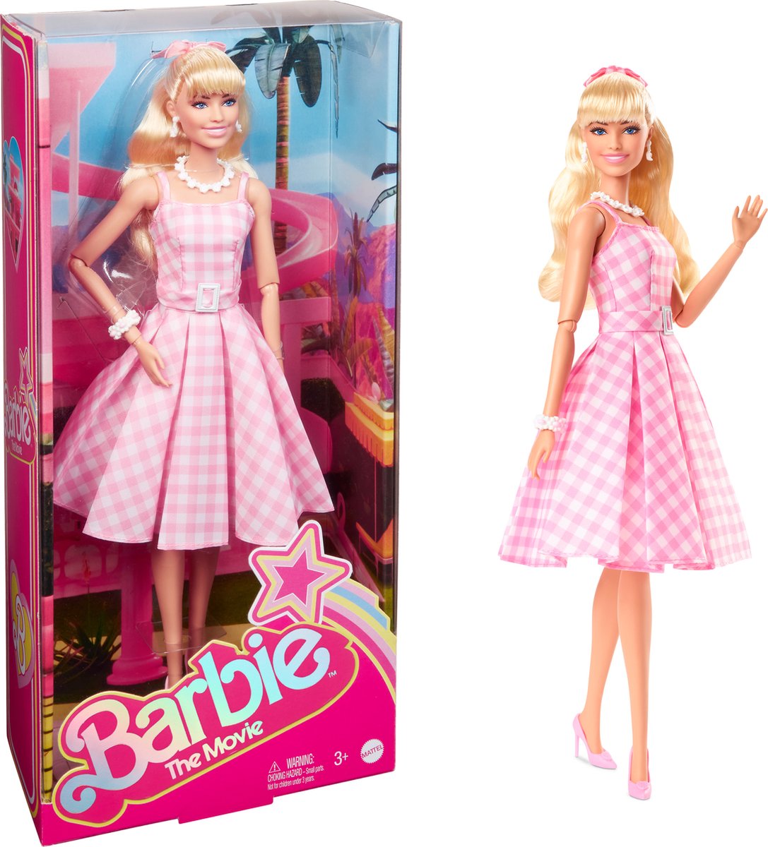 Barbie the movie pop - margot robbie - roze-wit geruite jurk - 33 cm - film pop