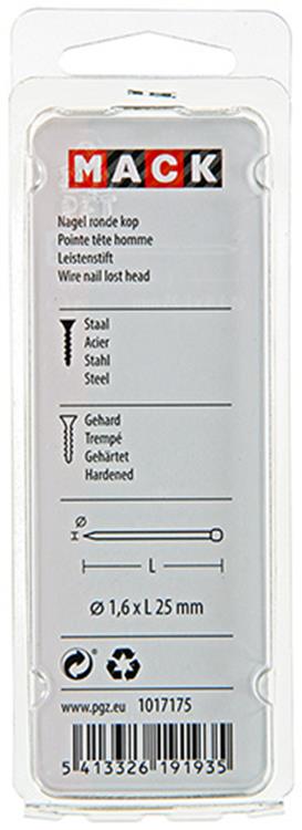 Mack 1017175 - clavo cabeza redonda acero endurecido 45 grados 1,6 x 25 mm | 10 piezas