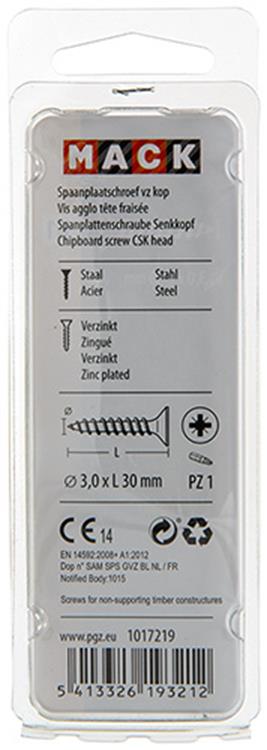 Mack 1017219 - tornillo para aglomerado con cabeza chapada en amarillo 35 piezas 3,0 x 30 mm | 10 piezas