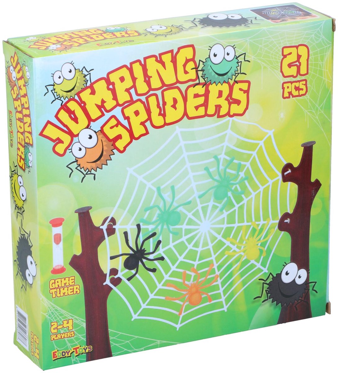 Eddy Toys Gioco dei ragni saltatori 21 pezzi - gioco per bambini dai 3 anni - ragni saltatori sulla ragnatela - gioco di abilità con clessidra - gioco da tavolo per 2-4 giocatori