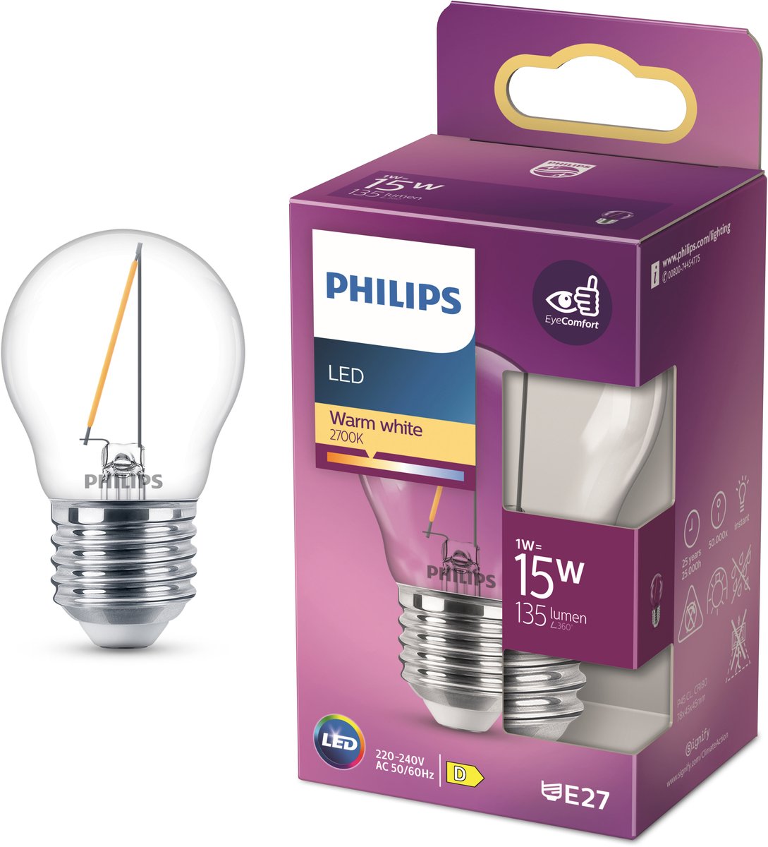 Lámpara LED Philips - lámpara de bola con casquillo E27 - luz blanca cálida: 2700k - 15w - cristal transparente