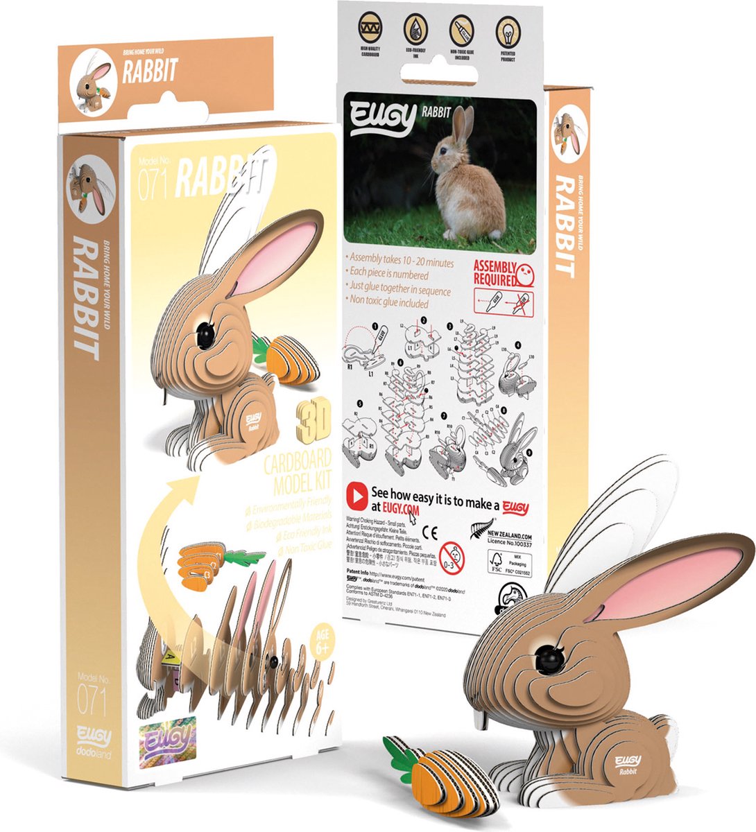 Puzzle 3d eugy - conejo - animales de granja - sostenible - colecciónalos todos - 6 años