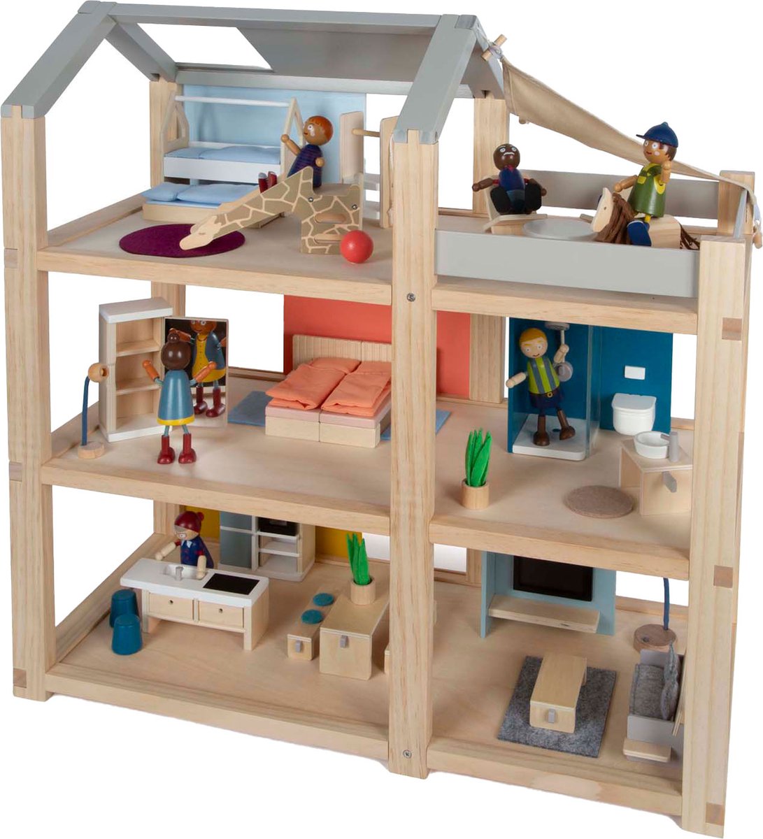 House per bambole in legno con mobili