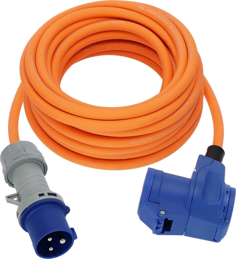 Brennerstuhl cee cavo di prolunga da campeggio 10 m cavo arancione (spina cee e giunto angolare incl. presa combinata con contatto di sicurezza con indicatore di tensione a LED, 230 V 16 A, per uso esterno permanente, prodotto in Germania)