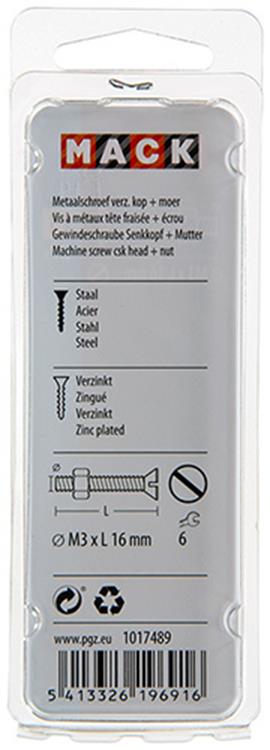 Mack 1017489 - tornillo metálico galvanizado. cabeza + tuerca chapada 27pzs m3 x 16 mm | 10 piezas