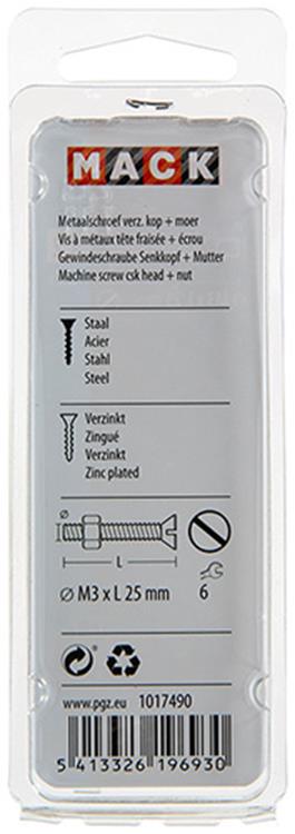 Mack 1017490 - tornillo metálico galvanizado. cabeza + tuerca chapada 22uds m3 x 25 mm | 10 piezas