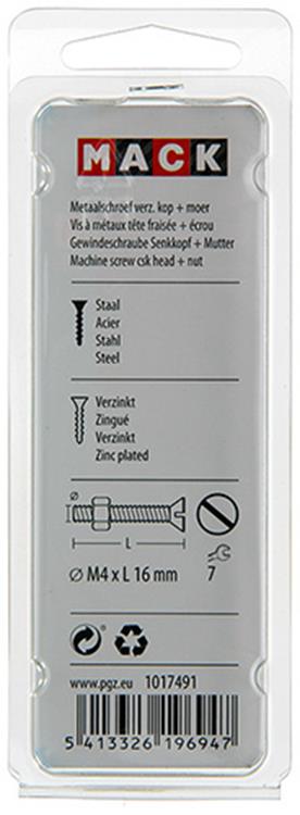 Mack 1017491 - tornillo metálico galvanizado. cabeza + tuerca chapada 20uds m4 x 16 mm | 10 piezas