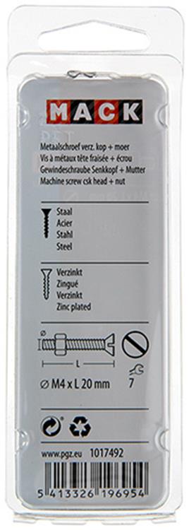 Mack 1017492 - tornillo metálico galvanizado. cabeza + tuerca chapada 18pzs m4 x 20 mm | 10 piezas