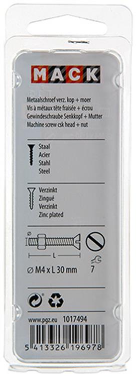 Mack 1017494 - tornillo metálico galvanizado. cabeza + tuerca chapada 14pzs m4 x 30 mm | 10 piezas