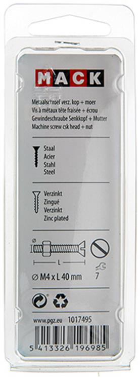 Mack 1017495 - tornillo metálico galvanizado. cabeza + tuerca chapada 12pzs m4 x 40mm | 10 piezas