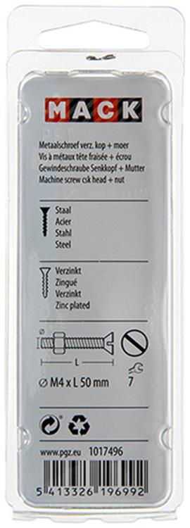 Mack 1017496 - tornillo metálico galvanizado. cabeza + tuerca plateada 9 piezas m4 x 50 mm | 10 piezas