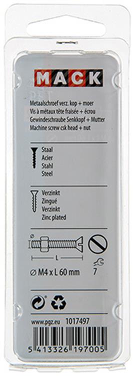 Mack 1017497 - tornillo metálico galvanizado. cabeza + tuerca chapada 6 piezas m4 x 60 mm | 10 piezas