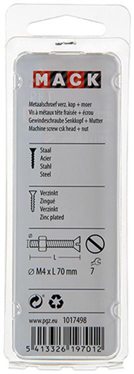 Mack 1017498 - tornillo metálico galvanizado. cabeza + tuerca chapada 4 piezas m4 x 70 mm | 10 piezas