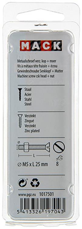 Mack 1017501 - tornillo metálico galvanizado. cabeza + tuerca chapada 14pzs m5 x 25 mm | 10 piezas