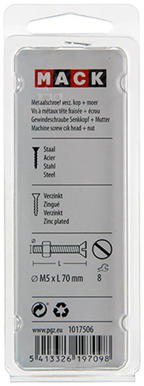 Mack 1017506 - tornillo metálico galvanizado. cabeza + tuerca chapada 6 piezas m5 x 70 mm | 10 piezas