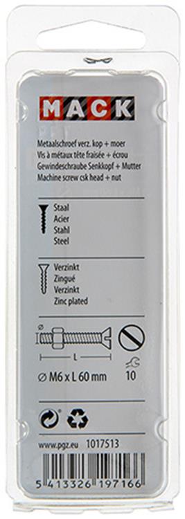 Mack 1017513 - tornillo metálico galvanizado. cabeza + tuerca chapada 5 piezas m6 x 60 mm | 10 piezas
