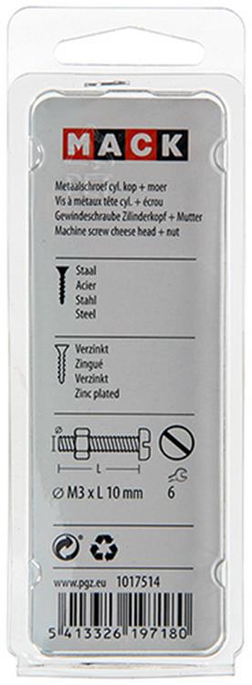 Mack 1017514 - cilindro de tornillo metálico. cabeza + tuerca chapada 30 piezas m3 x 10 mm | 10 piezas