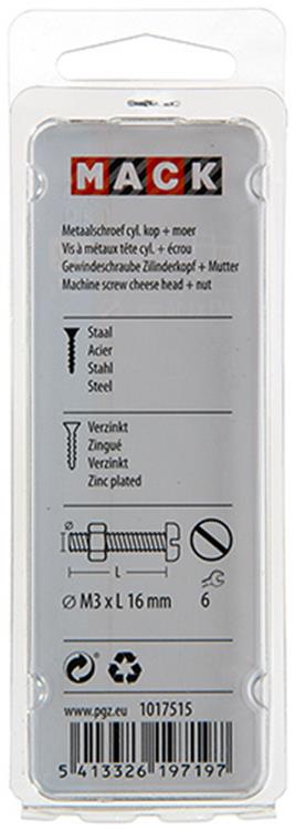 Mack 1017515 - cilindro de tornillo metálico. cabeza + tuerca plateada 27 piezas m3 x 16 mm | 10 piezas