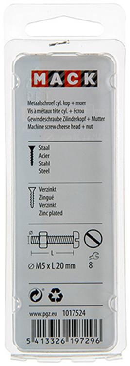 Mack 1017524 - cilindro de tornillo metálico. cabeza + tuerca chapada 15 piezas m5 x 20 mm | 10 piezas
