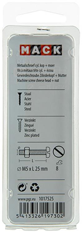 Mack 1017525 - cilindro de tornillo metálico. cabeza + tuerca chapada 14 piezas m5 x 25 mm | 10 piezas