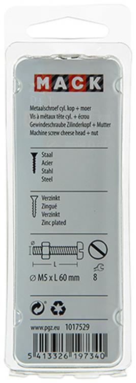 Mack 1017529 - cilindro de tornillo metálico. cabeza + tuerca chapada 6 piezas m5 x 60 mm | 10 piezas