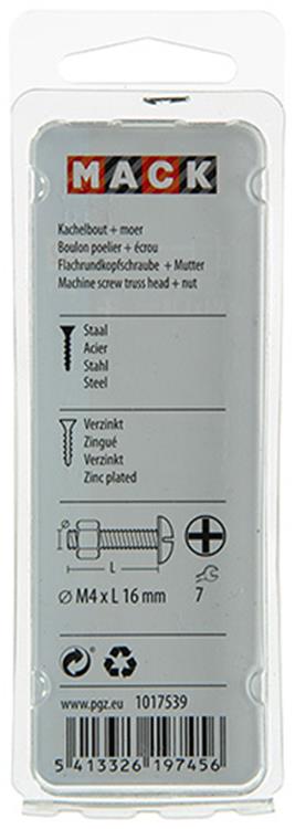Mack 1017539 - perno calentador + tuerca acero galvanizado 22 piezas m4 x 16 mm | 10 piezas