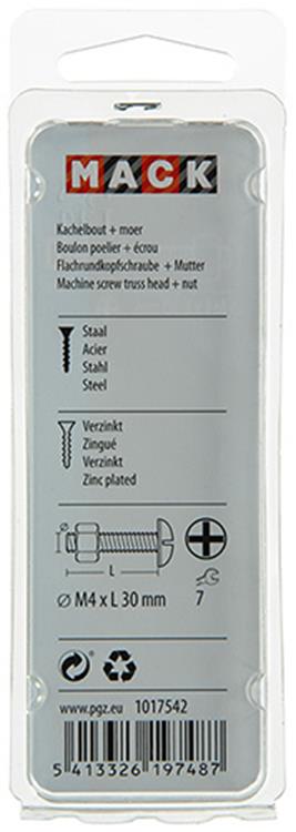Mack 1017542 - perno calentador + tuerca acero galvanizado 16 piezas m4 x 30 mm | 10 piezas